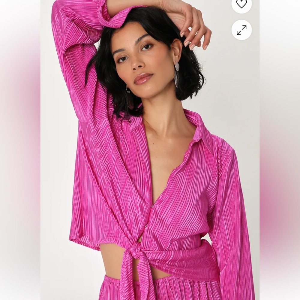 Lulus Casually Luxe Fuchsia Satin Plisse Tie-Front Top